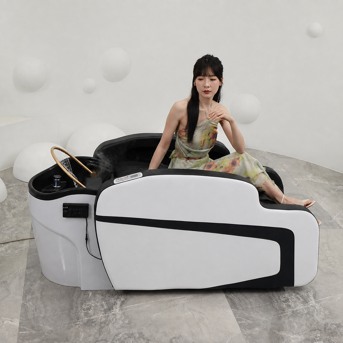 Clean electric salon hair washing massage chair seated view