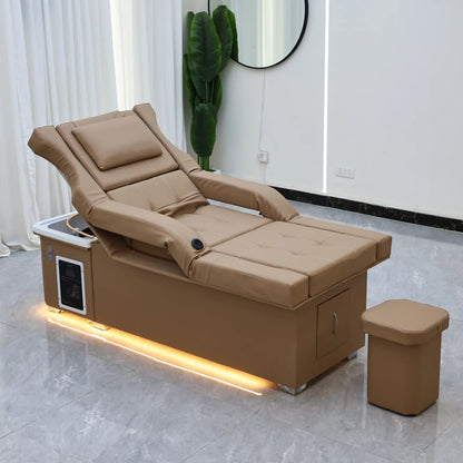 Earth Tone Electric Lift Shampoo Bed Massage Table – All-in-One Salon Station with Fumigation, Foot Bath & Hair Wash Basin