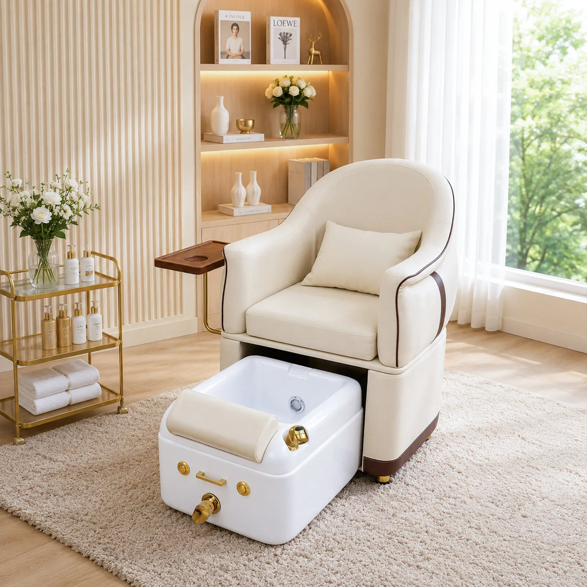 Wholesale Luxury Pedicure Chair with Pull-Out Foot Bath Basin Nail Salon Manicure Foot Spa Chair Beige Leather Salon Furniture