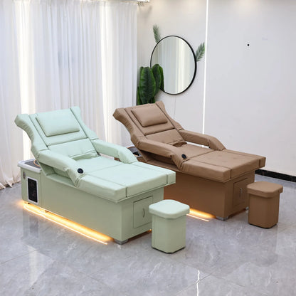 Earth Tone Electric Lift Shampoo Bed Massage Table – All-in-One Salon Station with Fumigation, Foot Bath & Hair Wash Basin