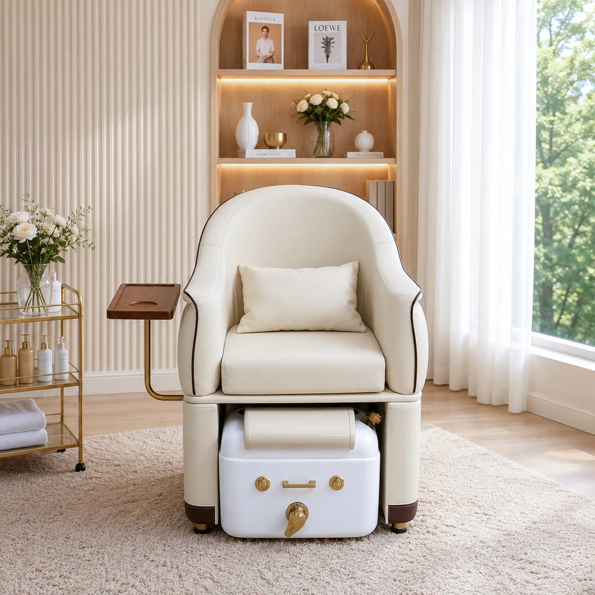 Wholesale Luxury Pedicure Chair with Pull-Out Foot Bath Basin Nail Salon Manicure Foot Spa Chair Beige Leather Salon Furniture