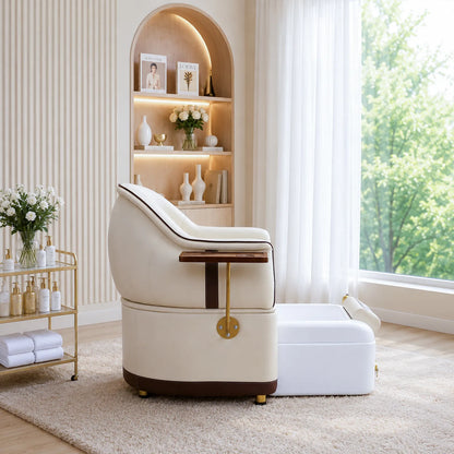 Wholesale Luxury Pedicure Chair with Pull-Out Foot Bath Basin Nail Salon Manicure Foot Spa Chair Beige Leather Salon Furniture