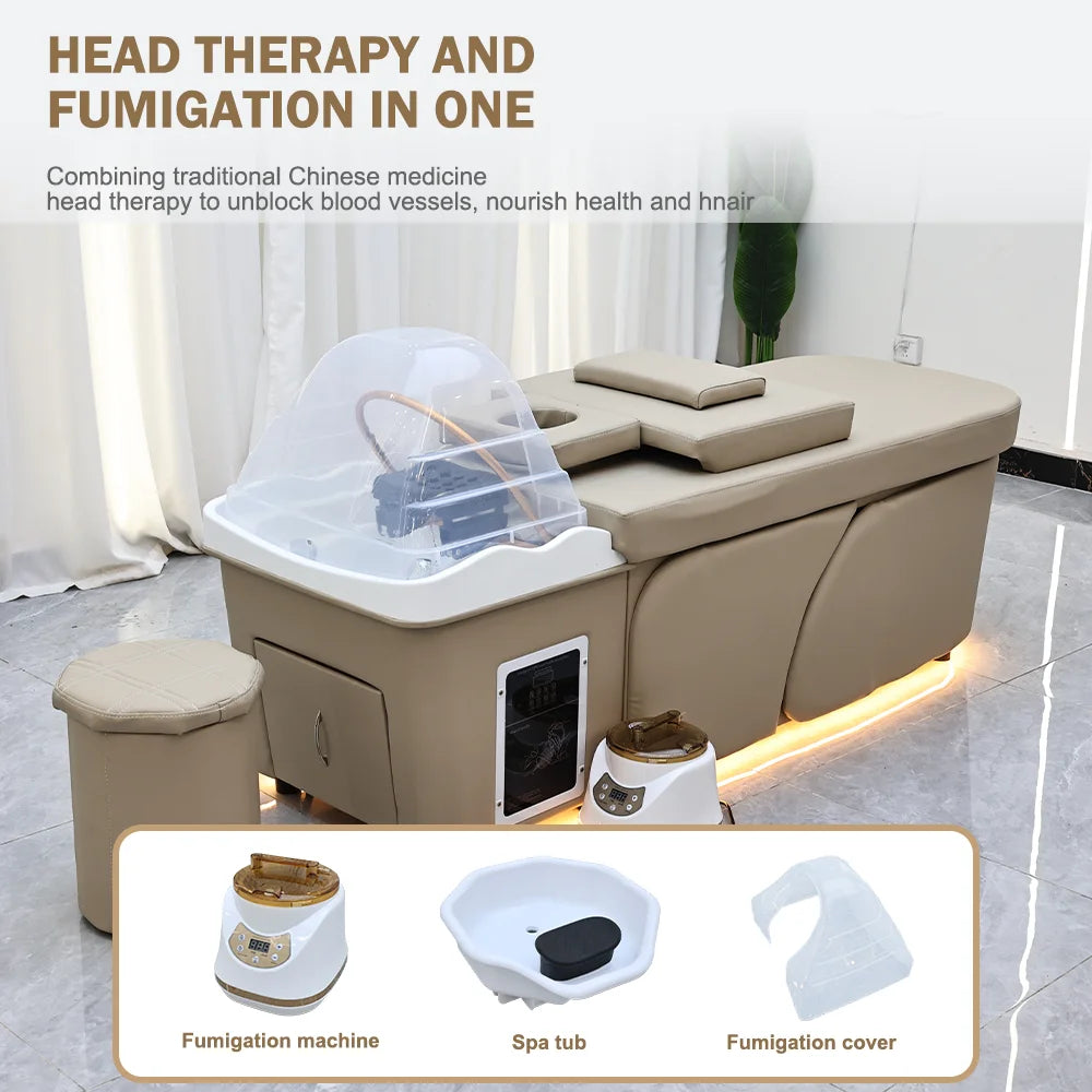 Brown Design Massage Table Head Spa Equipment Bed With Water Cycle Heater and Storage Space
