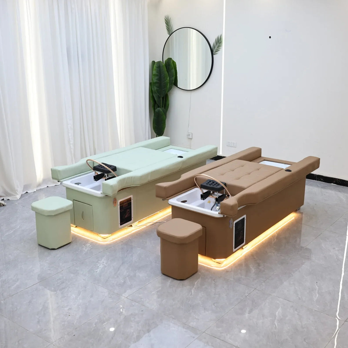 Earth Tone Electric Lift Shampoo Bed Massage Table – All-in-One Salon Station with Fumigation, Foot Bath & Hair Wash Basin