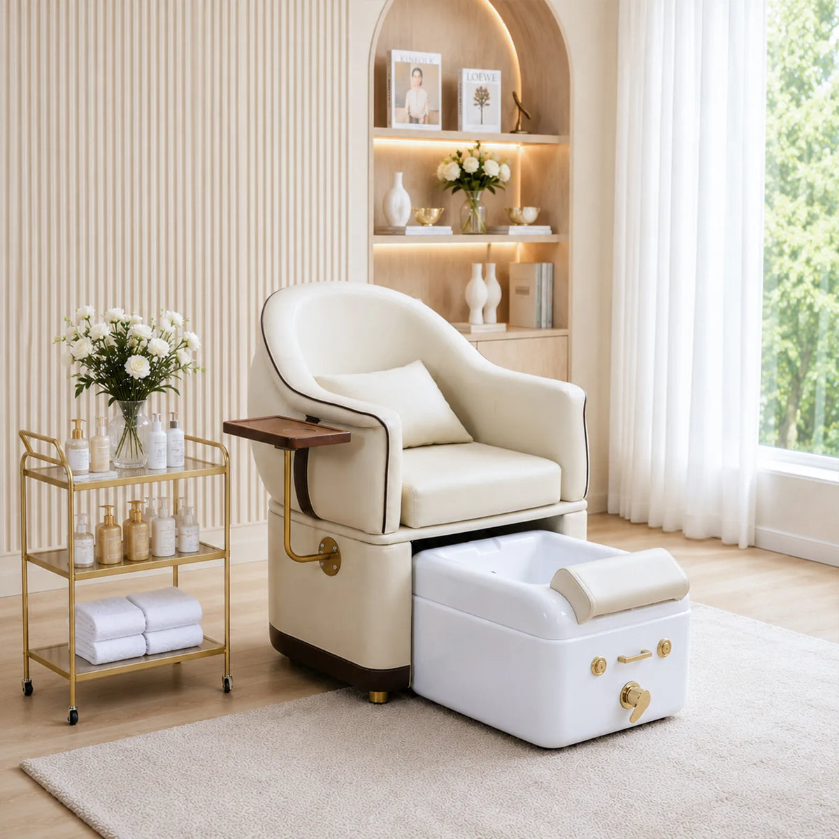 Wholesale Luxury Pedicure Chair with Pull-Out Foot Bath Basin Nail Salon Manicure Foot Spa Chair Beige Leather Salon Furniture