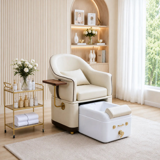 Wholesale Luxury Pedicure Chair with Pull-Out Foot Bath Basin Nail Salon Manicure Foot Spa Chair Beige Leather Salon Furniture