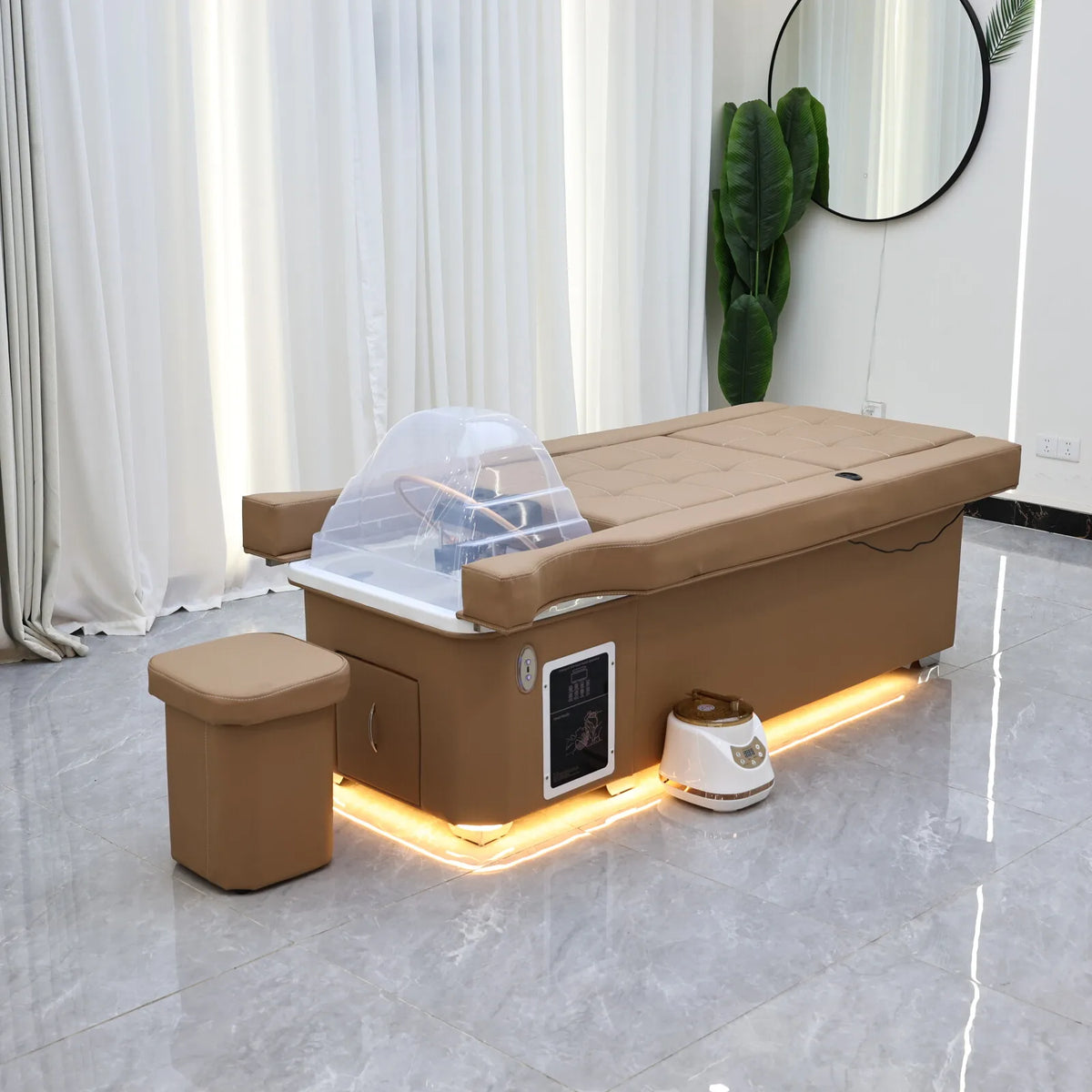 Earth Tone Electric Lift Shampoo Bed Massage Table – All-in-One Salon Station with Fumigation, Foot Bath & Hair Wash Basin