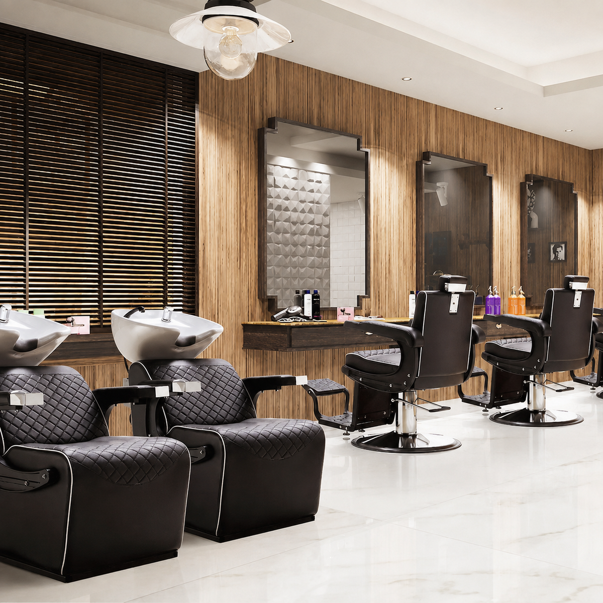 Clean salon interior with shampoo stations