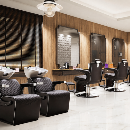 Clean salon interior with shampoo stations